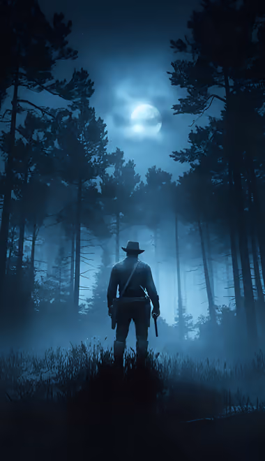 Обои игры: Red Dead Redemption 2, Артур Морган, ночь, Луна
