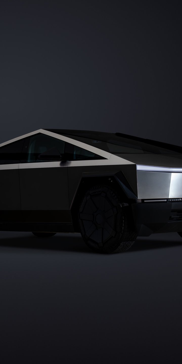 Tesla Cybertruck в темной студии - Обои для Samsung Galaxy A03s, Xiaomi Redmi 7A, POCO C3 в разрешении 720x1440