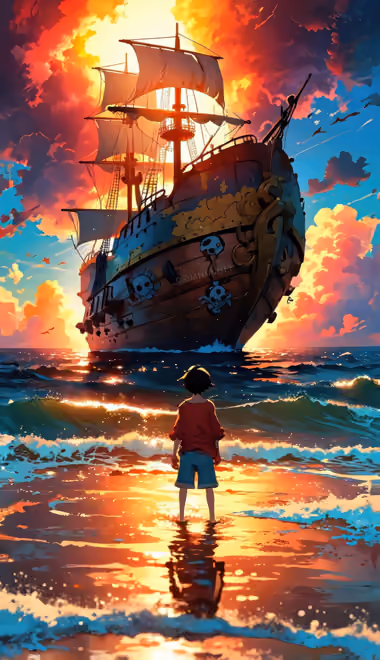 Обои волны для Samsung/LG (720x1280): Monkey D. Luffy, пират, корабль, манга