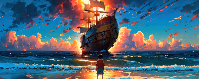 UltraWide 32:9 обои пиратский корабль (5120x1440): Monkey D. Luffy, пират, корабль, манга