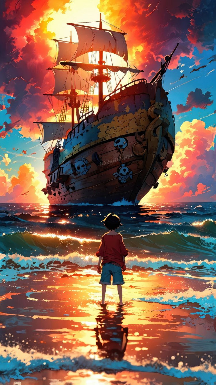Monkey D. Luffy Pirate Ship at Sunset - Wallpapers for iPhone 6/6S/7/8/SE2/SE3 in 750x1334 resolution