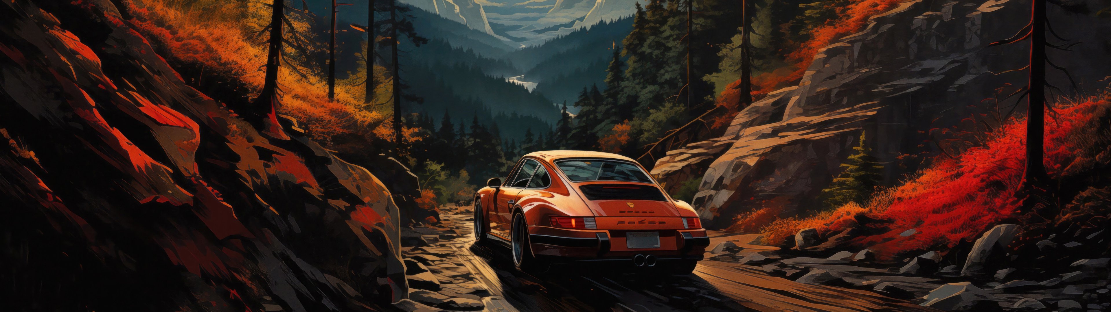 Classic Porsche 911 driving at sunset - UltraWide 32:9 wallpapers in 3840x1080 resolution