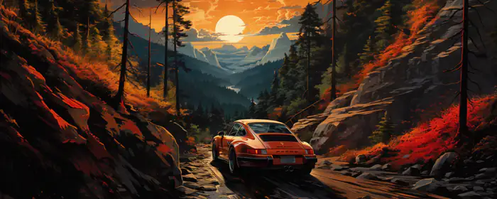 Обои машины: Porsche 911, горы, дорога, закат