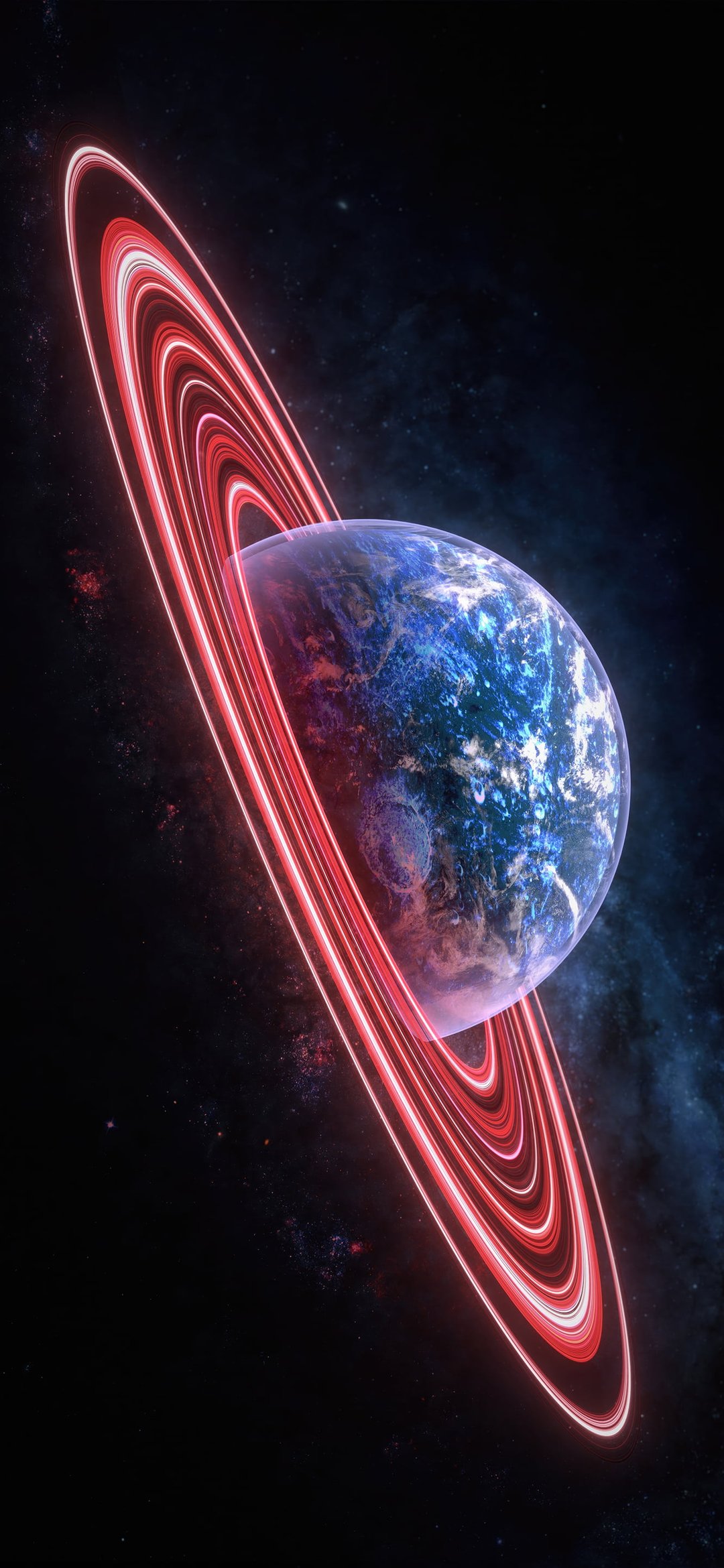 Planet with Red Rings in Orbit - Wallpapers for iPhone 12 mini/13 mini, Samsung Galaxy S24/S24 FE/S25/S25 FE/S26/A55/A56/A35/A26/A16/M15, Xiaomi, Sony Xperia in 1080x2340 resolution