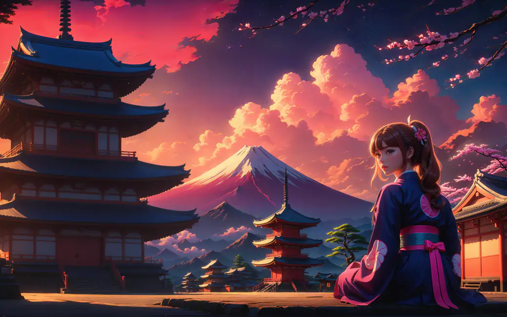 Anime Girl in Kimono by Mount Fuji — desktop and phone wallpaper, free download