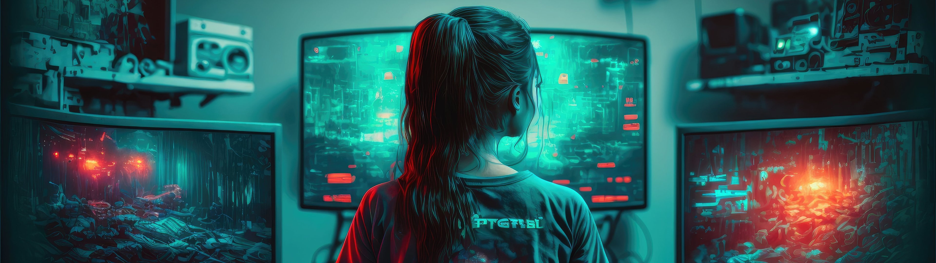 Киберпанк девушка-программист - UltraWide 32:9 обои в разрешении 3840x1080
