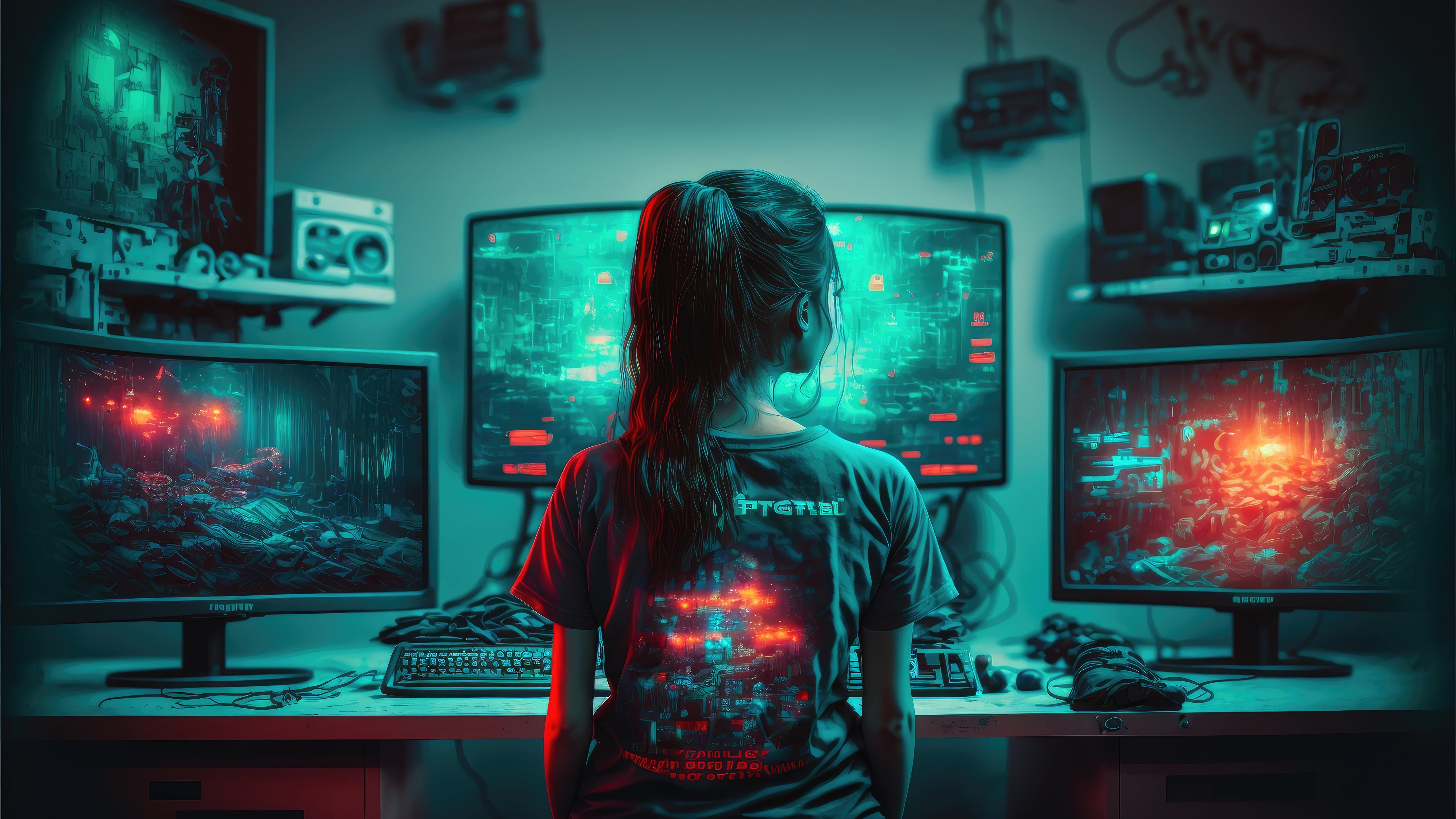 Киберпанк девушка-программист - 5K обои в разрешении 5120x2880
