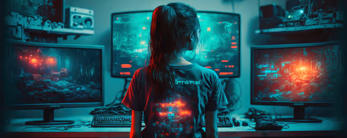 UltraWide 21:9 обои программист (2560x1080): киберпанк, программист, женщина, компьютер