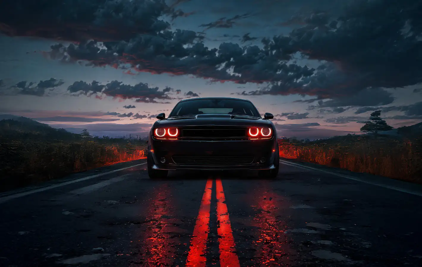 Dodge Challenger with red LED headlights — desktop and phone wallpaper, free download