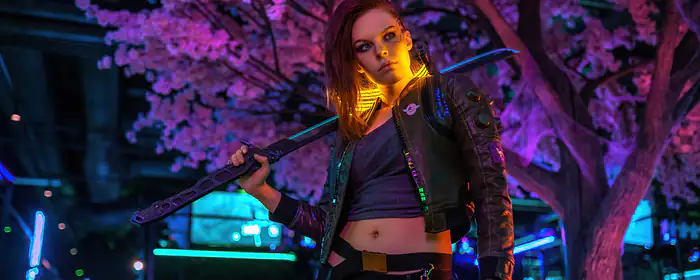 UltraWide 21:9 обои (3440x1440): косплей, Ви (Cyberpunk 2077), киберимпланты, женщина