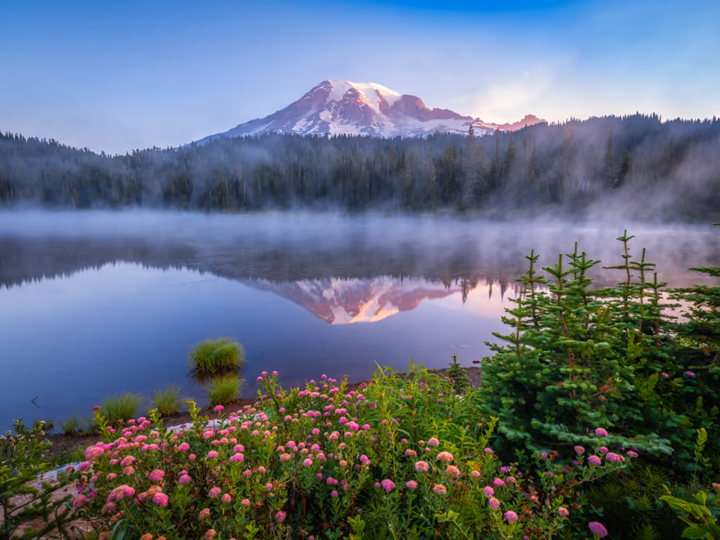Mount Rainier Morning Lake View — desktop and phone wallpaper, free download