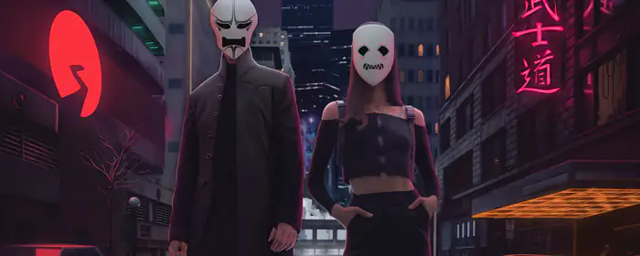UltraWide 32:9 skyscrapers wallpapers (3840x1080): cyberpunk, hacker, mask, street