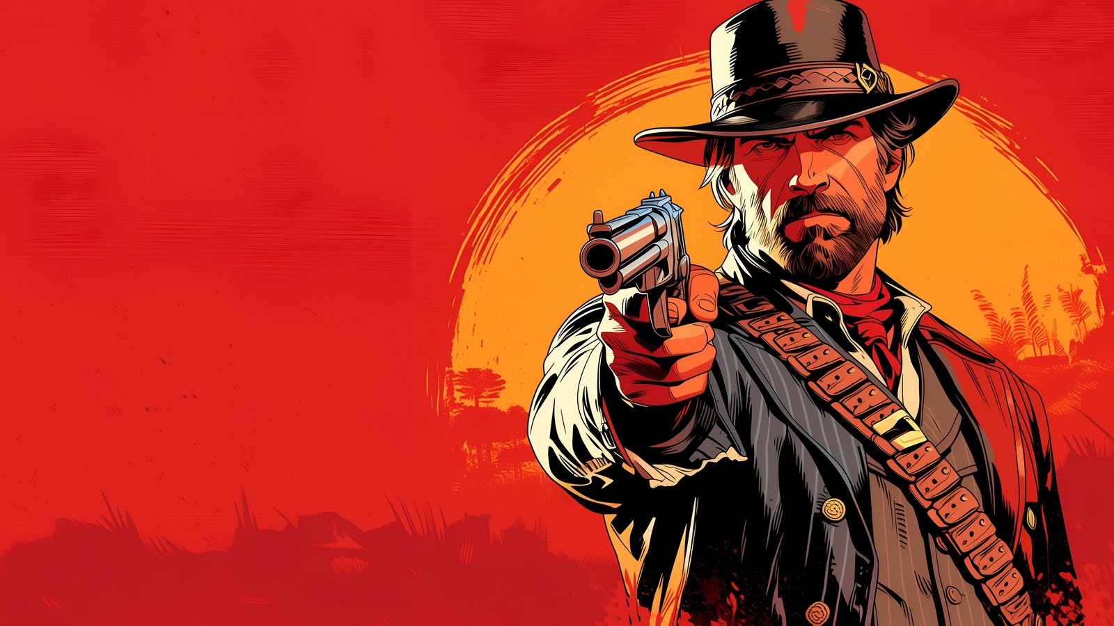 Arthur Morgan with Pistol Red Background - wXGA++ wallpapers in 1600x900 resolution