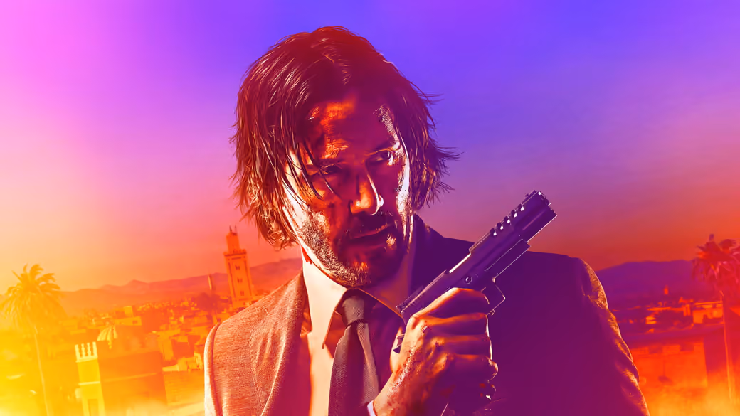 John Wick with Parabellum at Sunset — desktop and phone wallpaper, free download