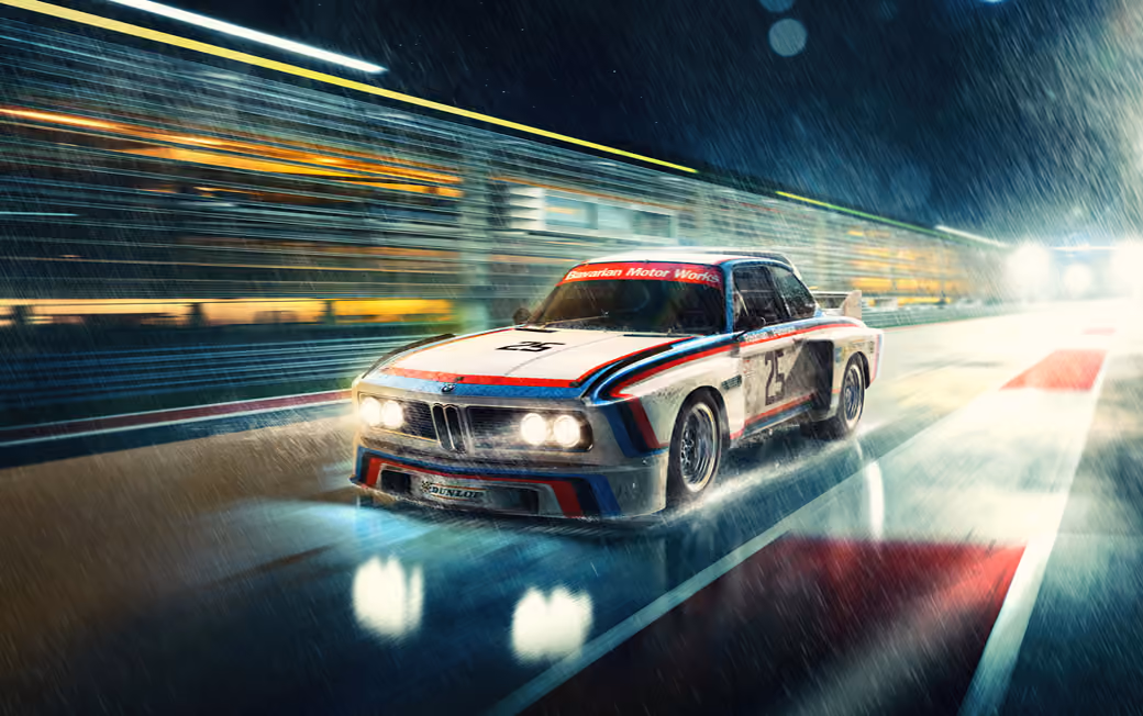 BMW 3 CSL Racing at Night Track — desktop and phone wallpaper, free download