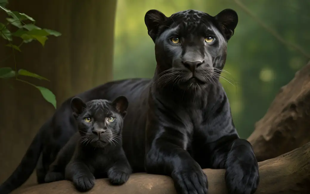 Black Panther with Cub in Jungle — desktop and phone wallpaper, free download