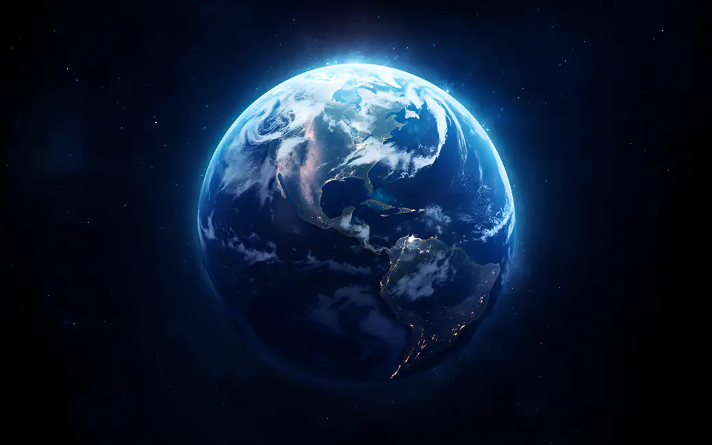 Blue Earth on a background of stars — desktop and phone wallpaper, free download