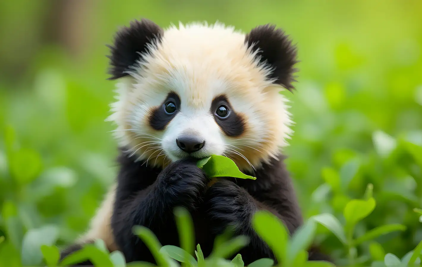 Panda Cub Among Grass and Leaves — desktop and phone wallpaper, free download