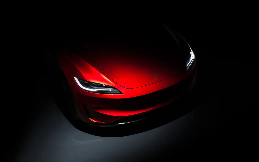 Red Tesla Model 3 Performance Highland — desktop and phone wallpaper, free download