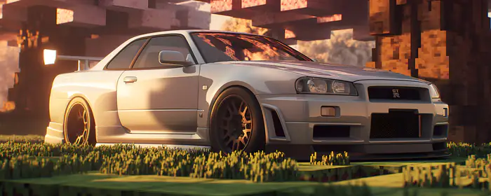 UltraWide 21:9 обои Minecraft (2560x1080): Minecraft, Nissan Skyline GTR R34, спойлер, спорткар