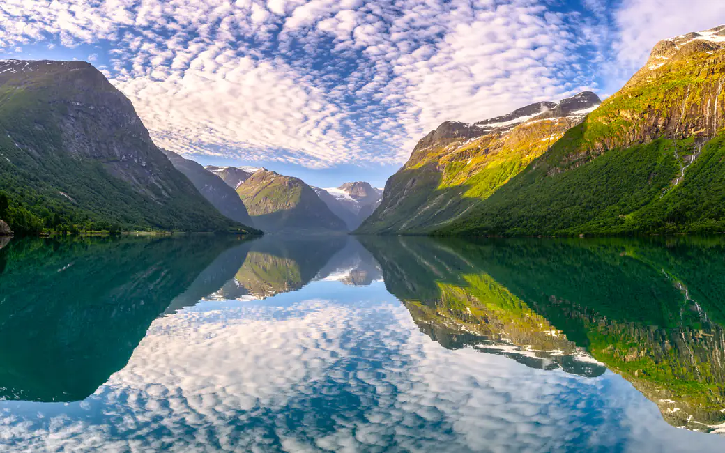 Lake Lovatnet Panorama in Norway — desktop and phone wallpaper, free download