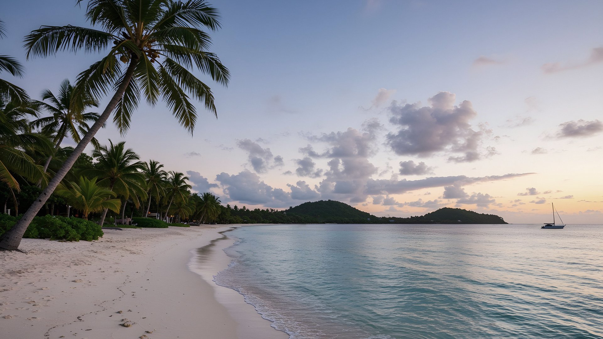 Tropical beach with palm trees in the evening - Full HD wallpapers in 1920x1080 resolution