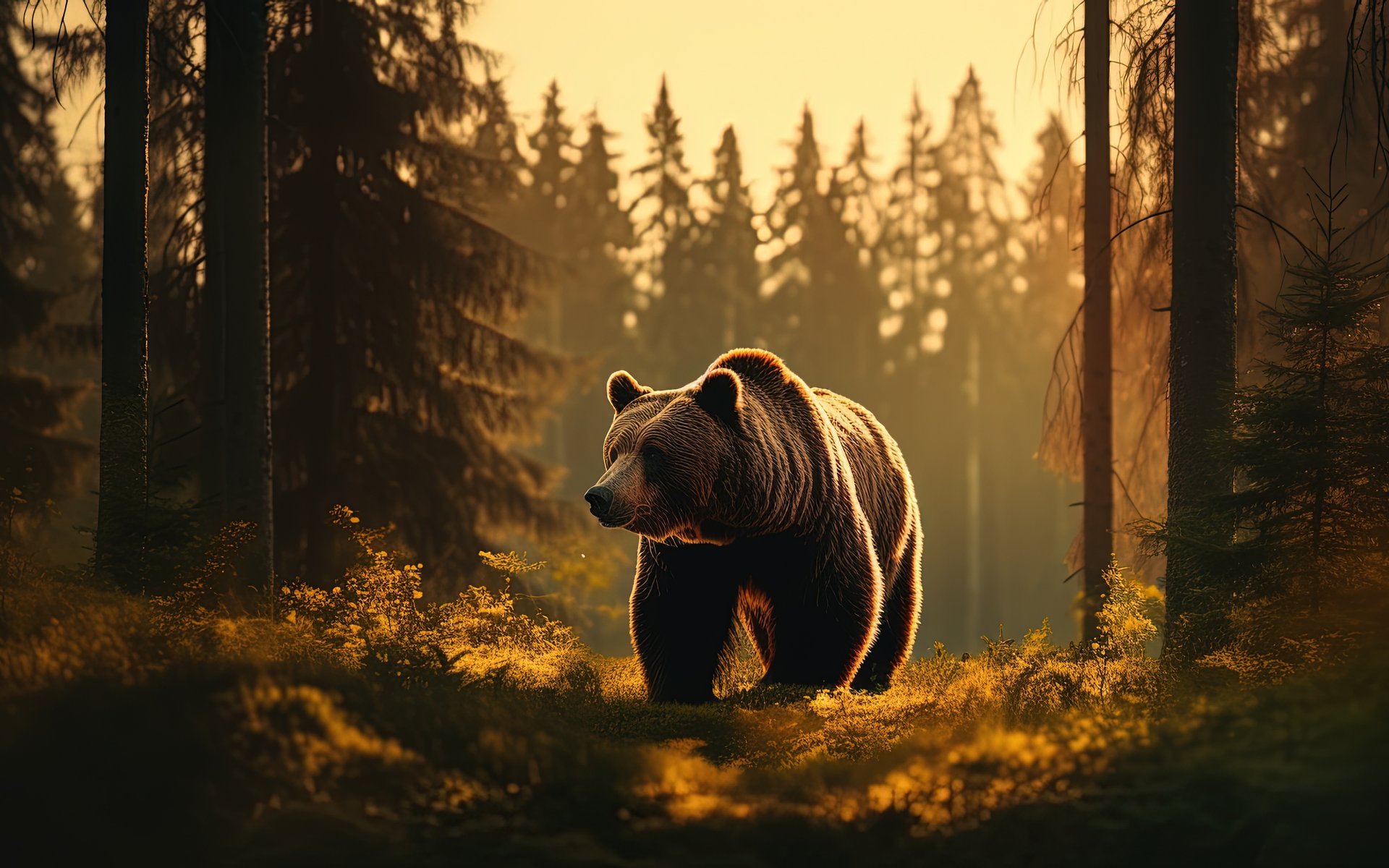 Brown bear in the forest at sunset - WUXGA wallpapers in 1920x1200 resolution