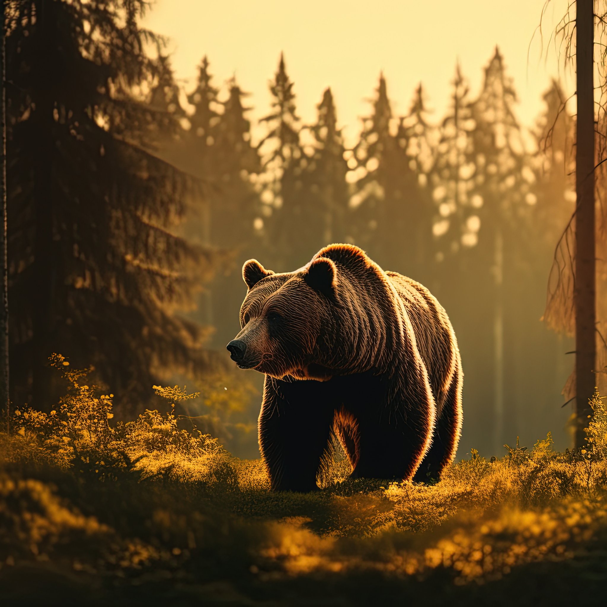 Brown bear in the forest at sunset - Wallpapers for iPad Retina in 2048x2048 resolution