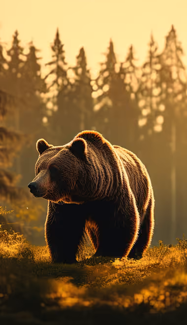 Обои хищник для iPhone 4/4S (640x960): медведь, лес, деревья, закат