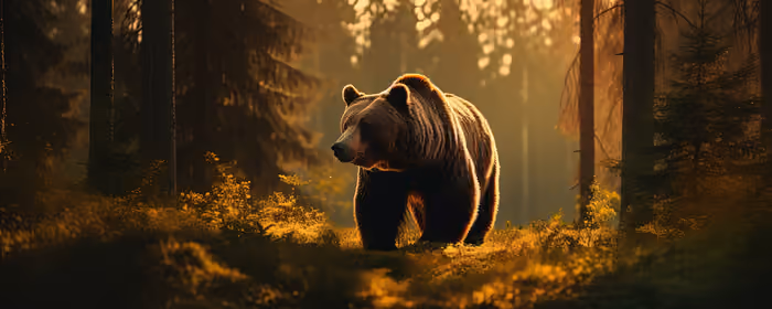 UltraWide 21:9 обои медведь (2560x1080): медведь, лес, деревья, закат