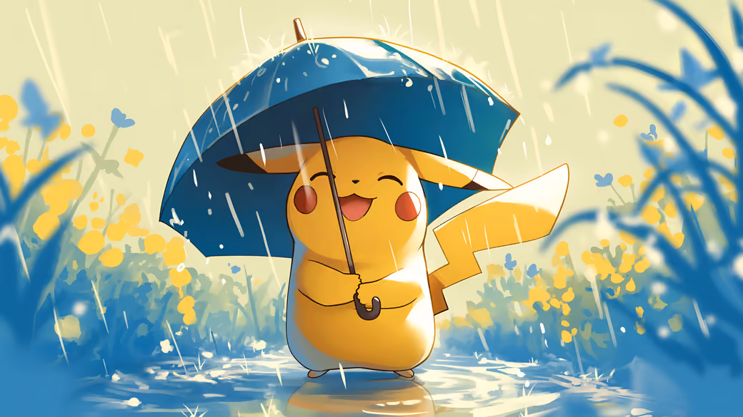 Pikachu with an umbrella in the rain — desktop and phone wallpaper, free download
