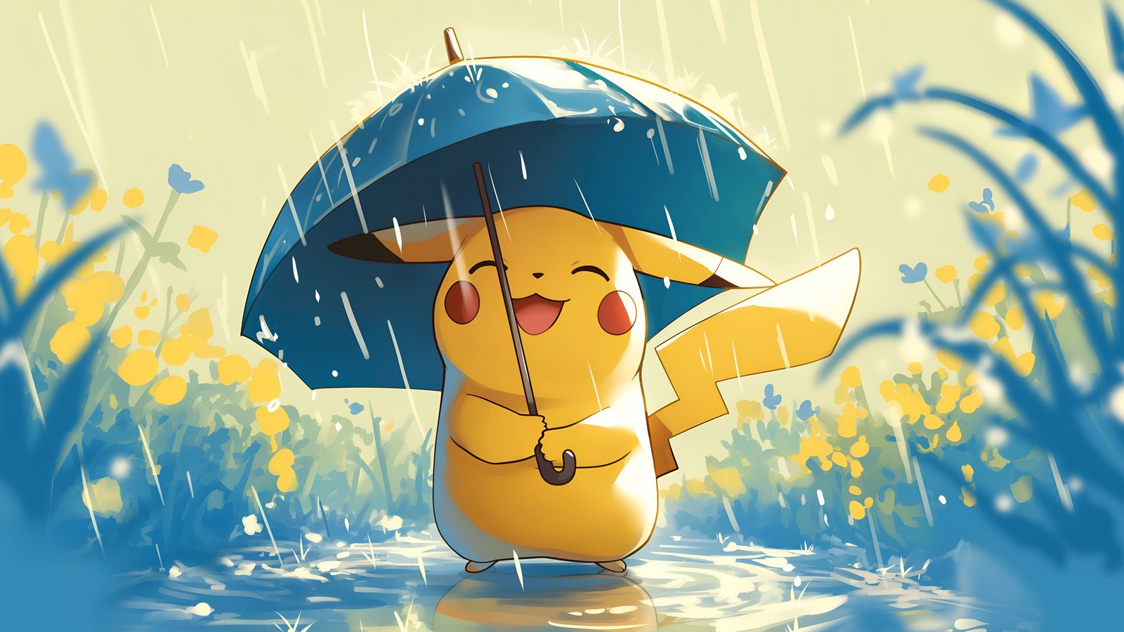 Pikachu with an umbrella in the rain - wXGA++ wallpapers in 1600x900 resolution
