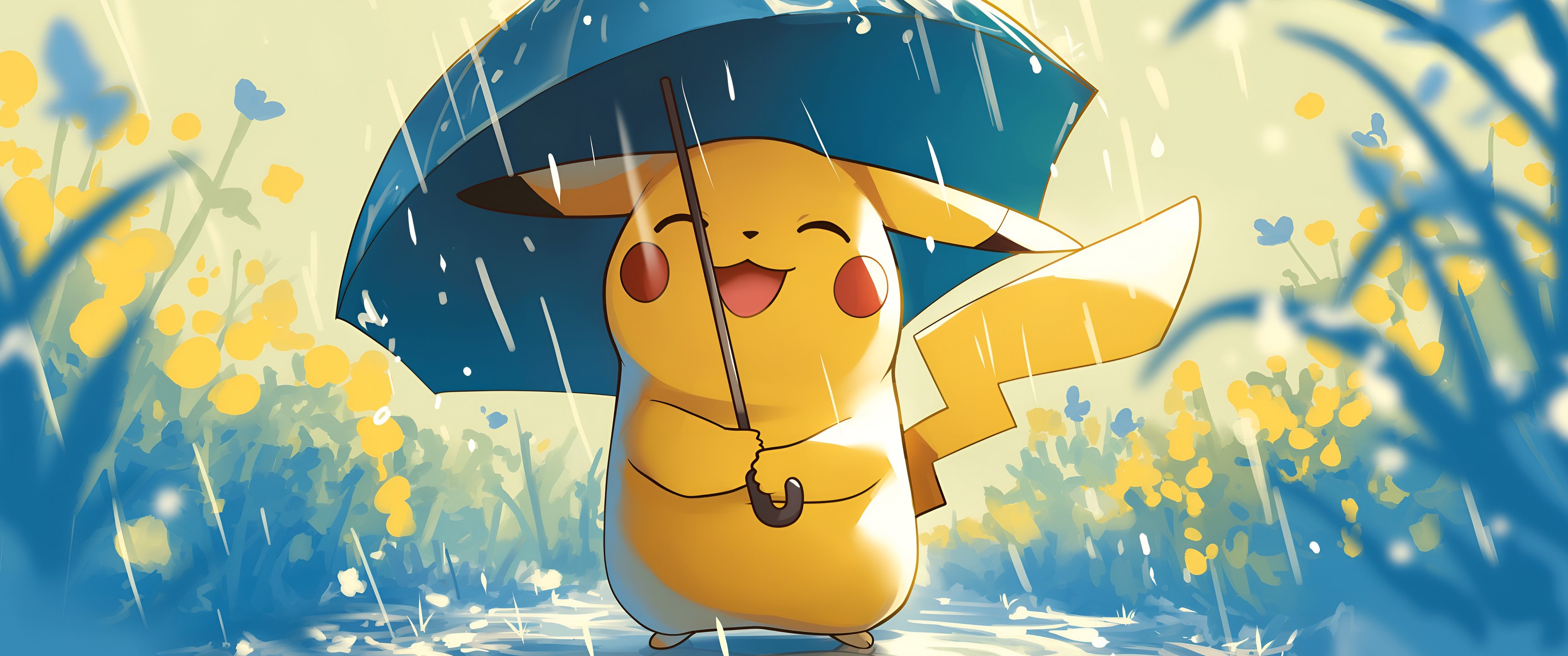 Pikachu with an umbrella in the rain - UltraWide 21:9 wallpapers in 3440x1440 resolution