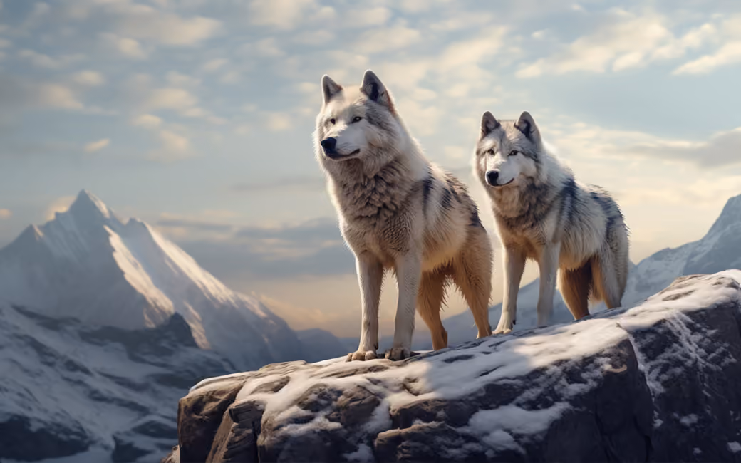 Two Gray Wolves on Snowy Mountain — desktop and phone wallpaper, free download