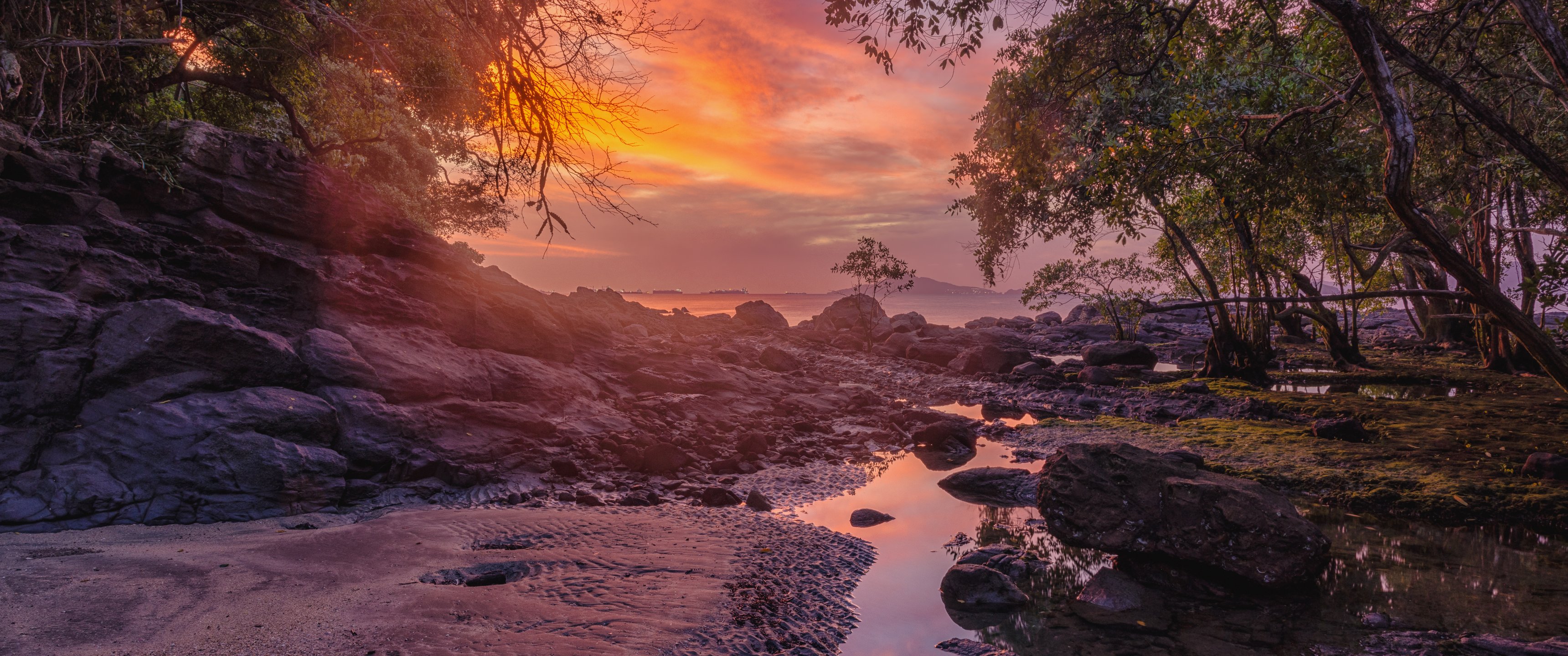 Sunset Evening by Forest Stream - UltraWide 21:9 wallpapers in 3440x1440 resolution