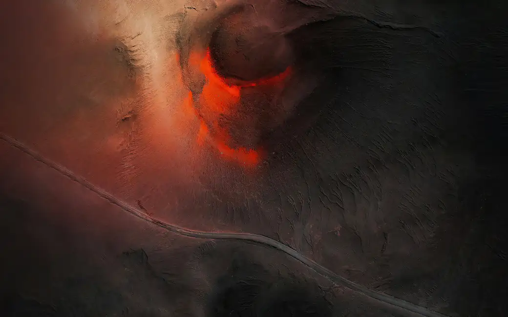 Volcanic Red Crater Landscape — desktop and phone wallpaper, free download