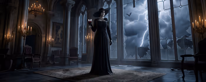 UltraWide 32:9 обои молния (3840x1080): Lady Dimitrescu, Resident Evil, женщина, готика