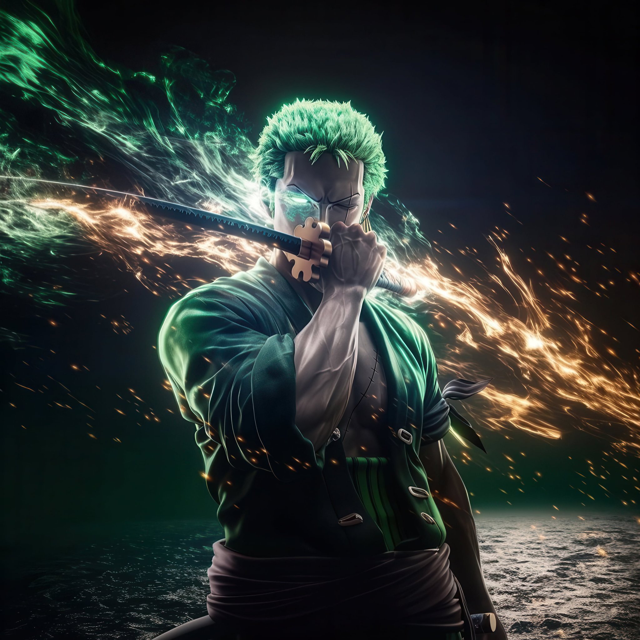 Zoro Roronoa with Katana and Fire - Wallpapers for iPad Retina in 2048x2048 resolution