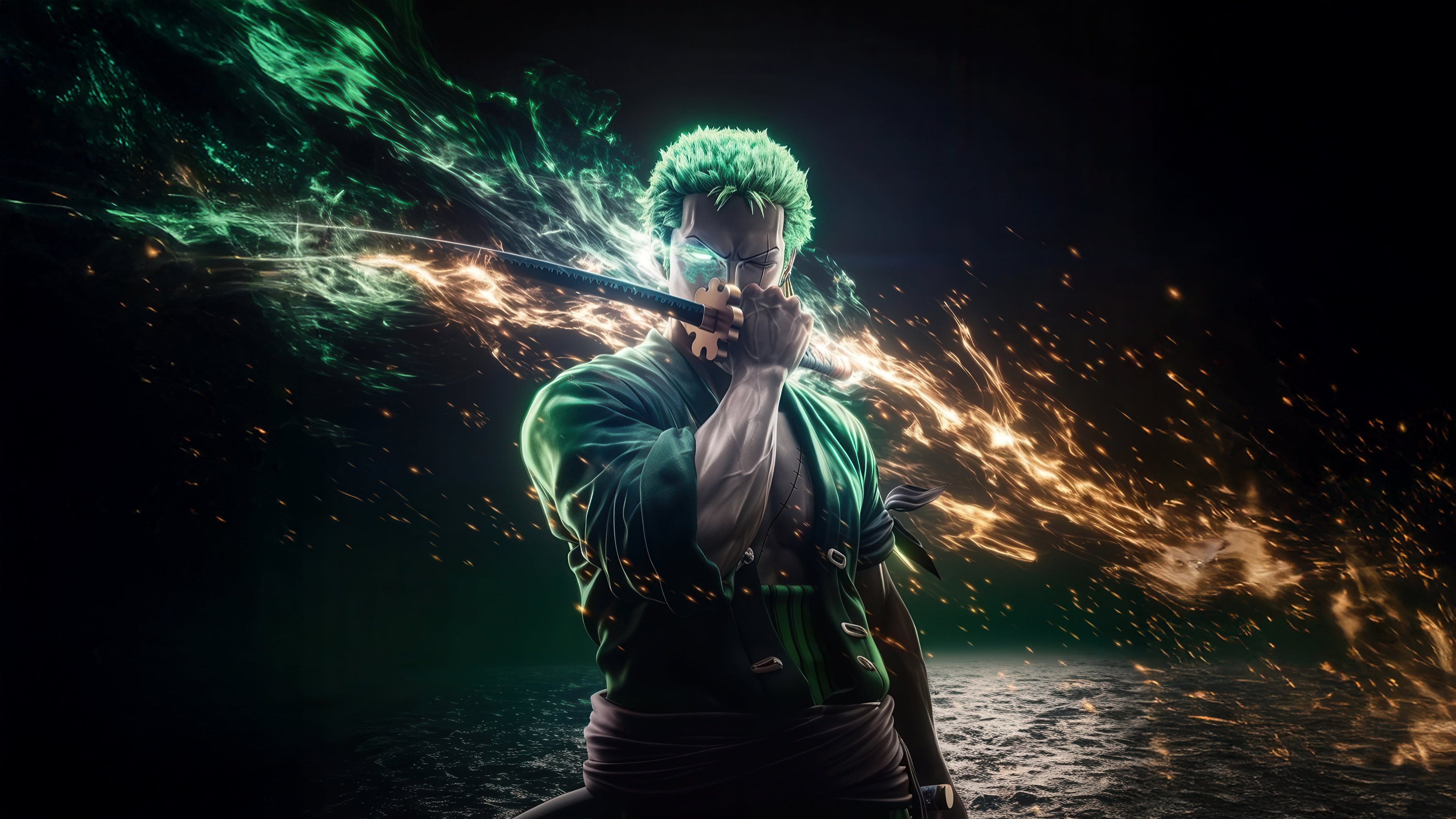 Zoro Roronoa with Katana and Fire - 4K PC Wallpapers in 3840x2160 resolution