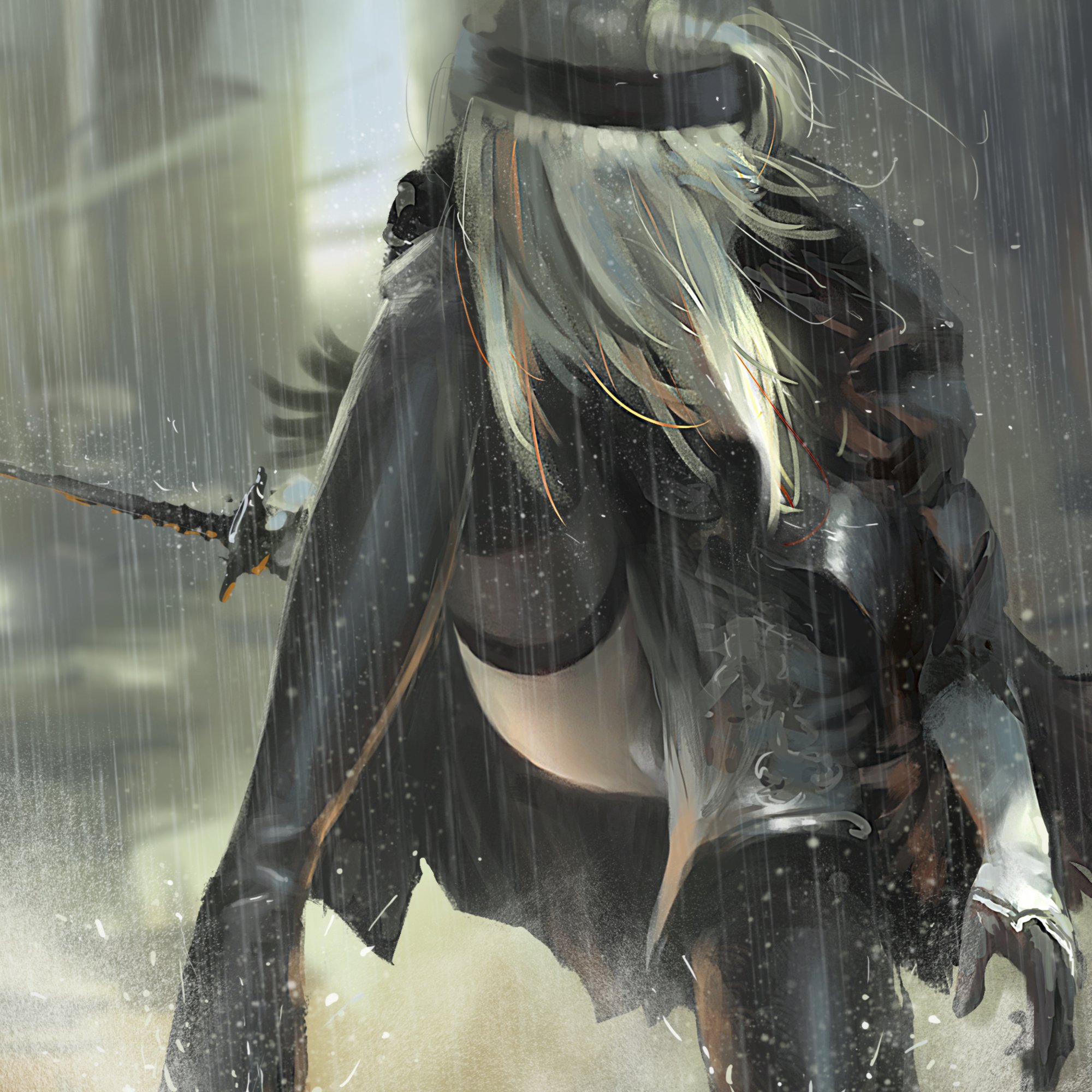 2B from Nier: Automata in Rain - Wallpapers for Samsung/Xiaomi in 2000x2000 resolution