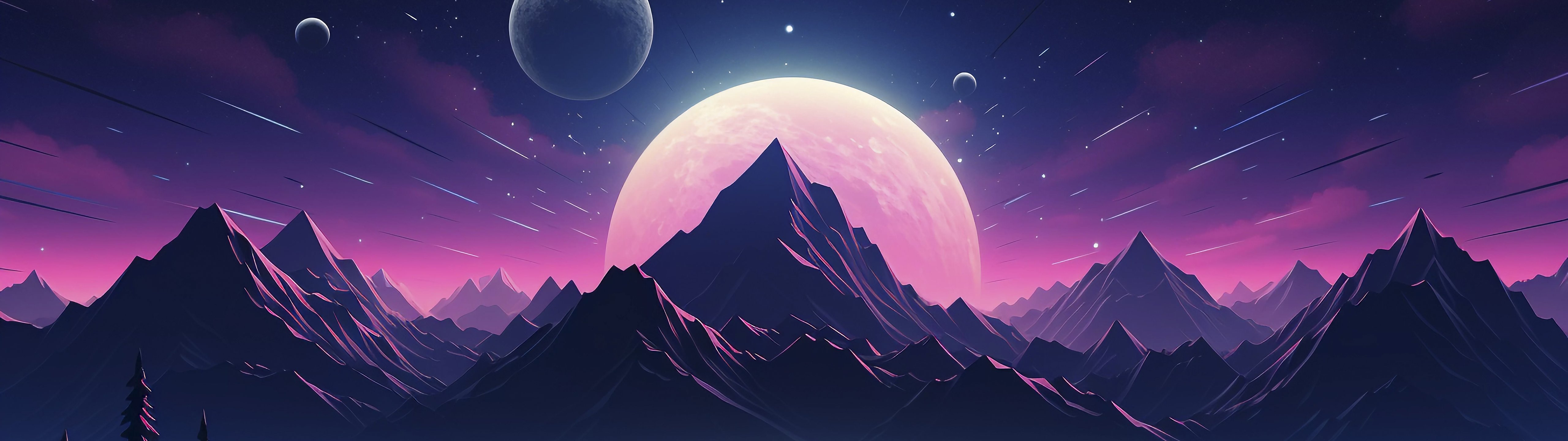Луна и горы в ночной долине - UltraWide 32:9 обои в разрешении 5120x1440