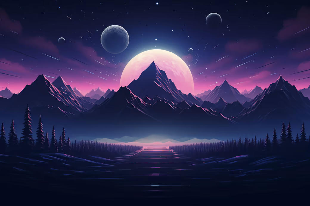 Луна и горы в ночной долине - Обои для ноутбука WXGA в разрешении 1366x768