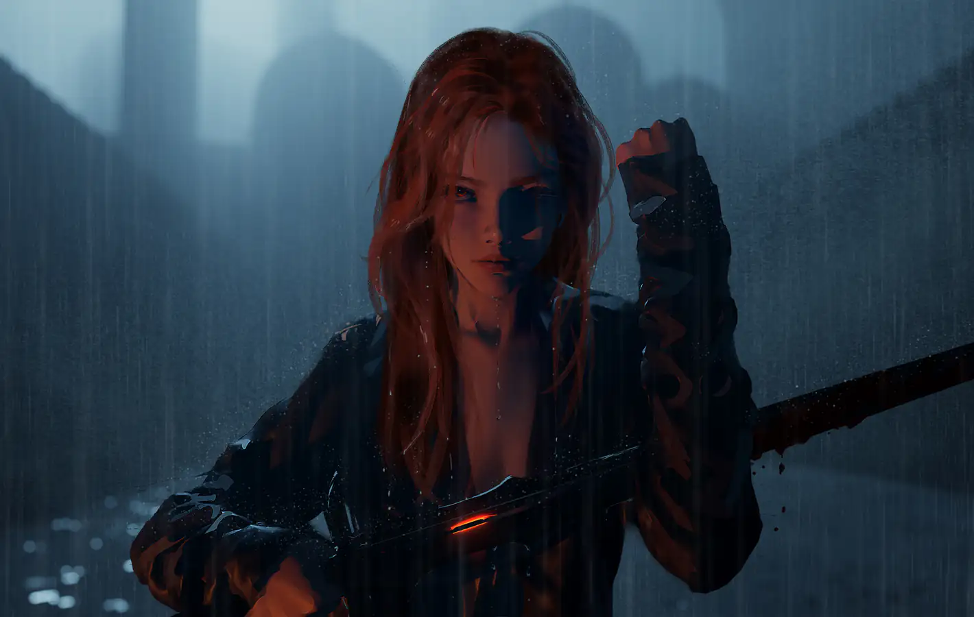 Redhead Warrior Woman at Night — desktop and phone wallpaper, free download