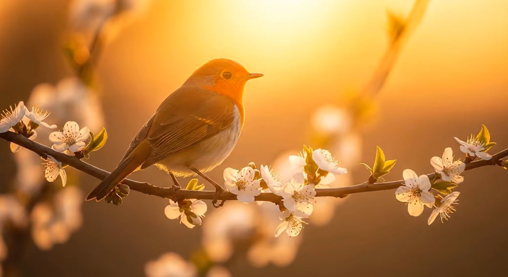 Burrowing bird on a sakura branch — desktop and phone wallpaper, free download