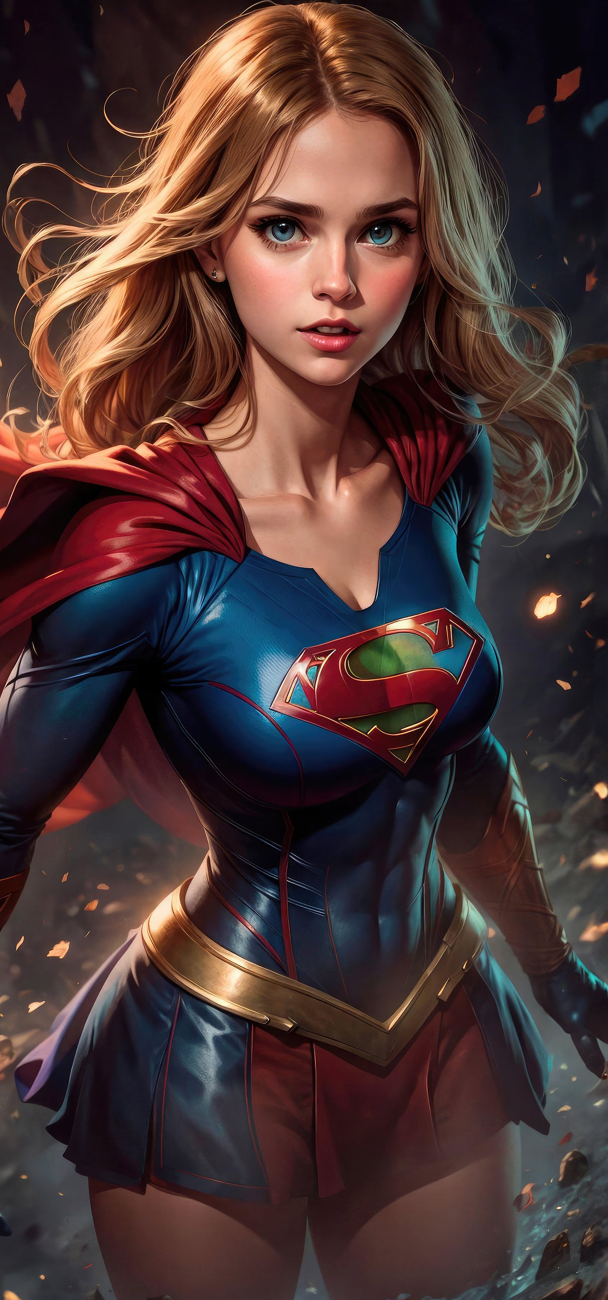 Supergirl в костюме на фоне разрушений - Обои для Xiaomi 17/17 Pro в разрешении 1220x2608