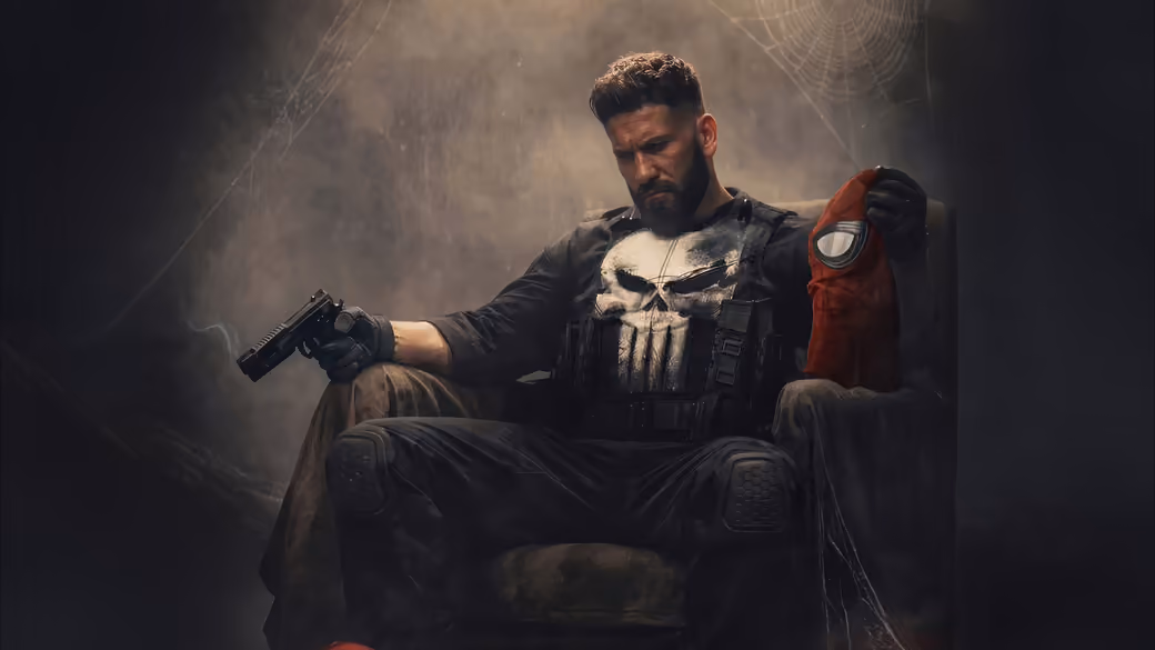 Punisher holds a Spider-Man mask — desktop and phone wallpaper, free download