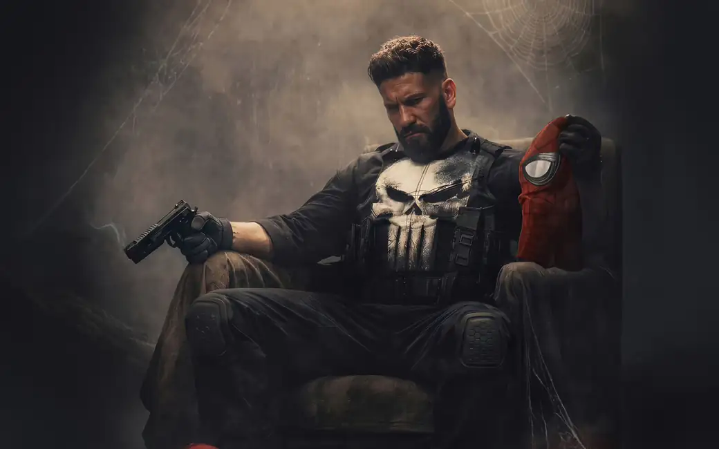 Punisher holds a Spider-Man mask — desktop and phone wallpaper, free download