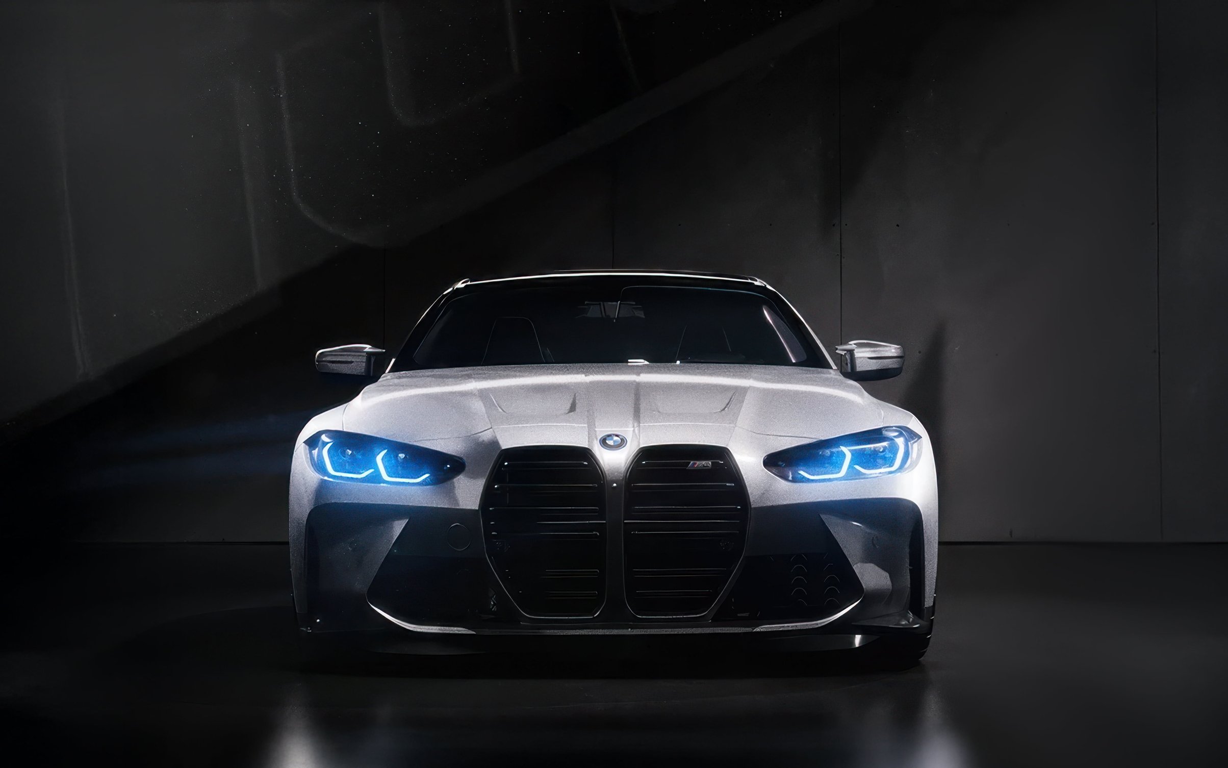 White BMW M4 with blue LED headlights - Wallpapers for MacBook Neo in 2408x1506 resolution