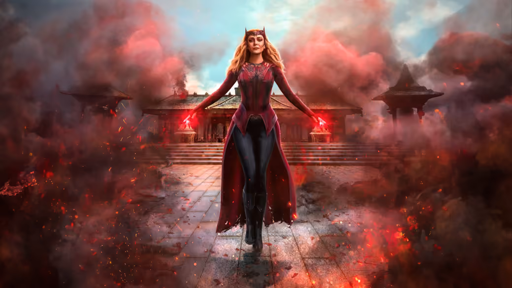 Scarlet Witch in Ruins with Magic — desktop and phone wallpaper, free download