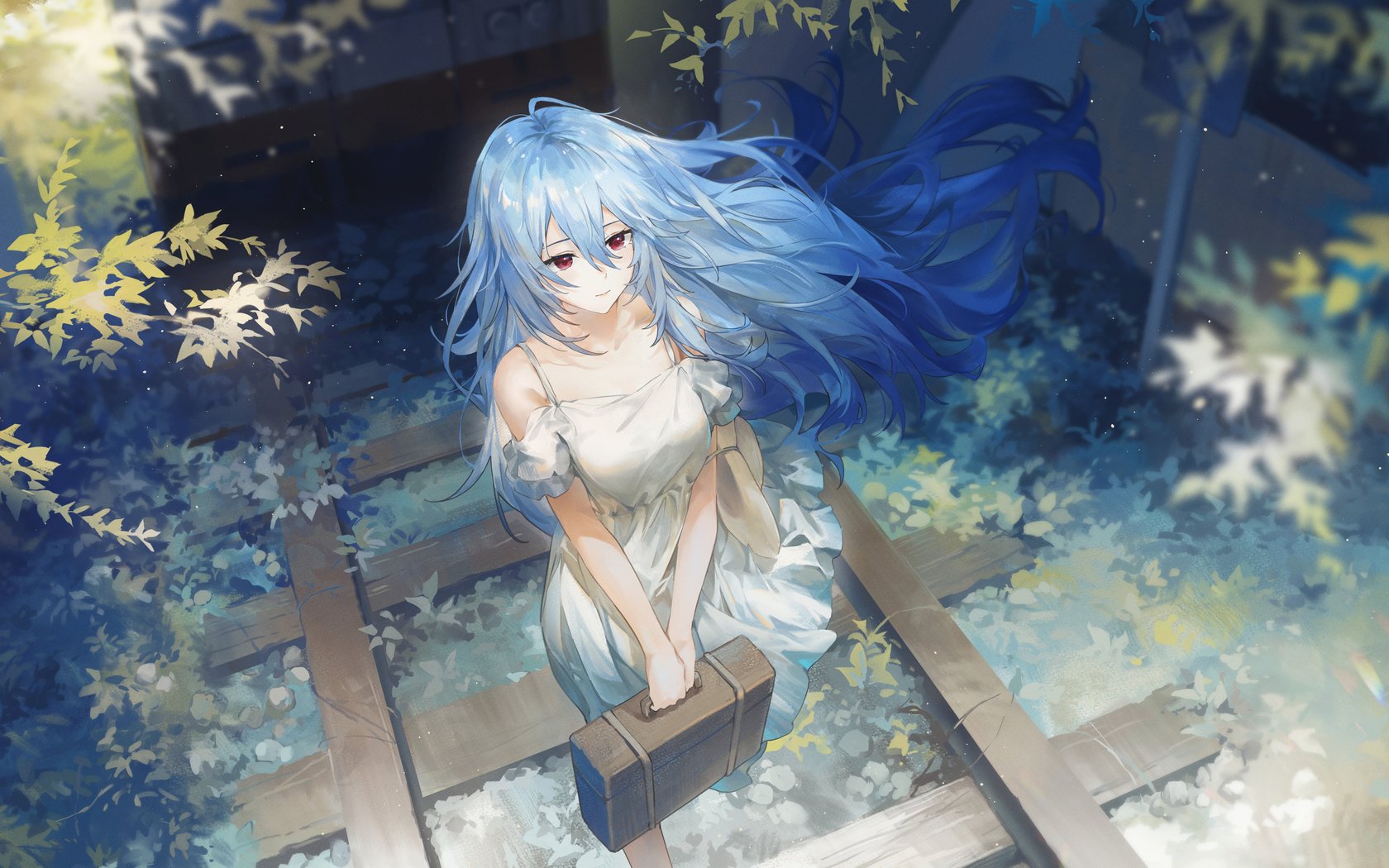 Blue-Haired Anime Girl on Railroad - WSXGA+ wallpapers in 1680x1050 resolution